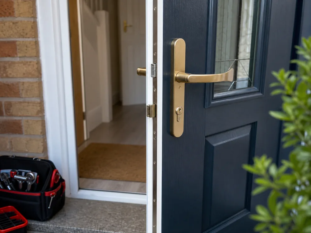 Front door lock and handle with locksmith tools nearby