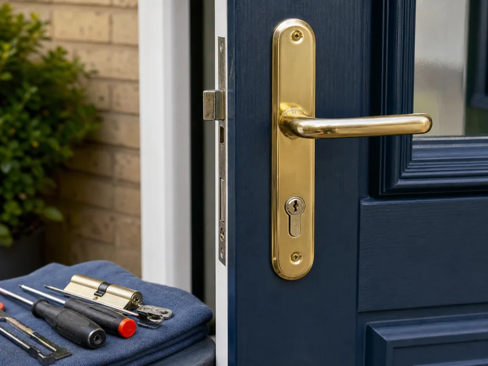 Domestic front door with replacement lock and locksmith tools