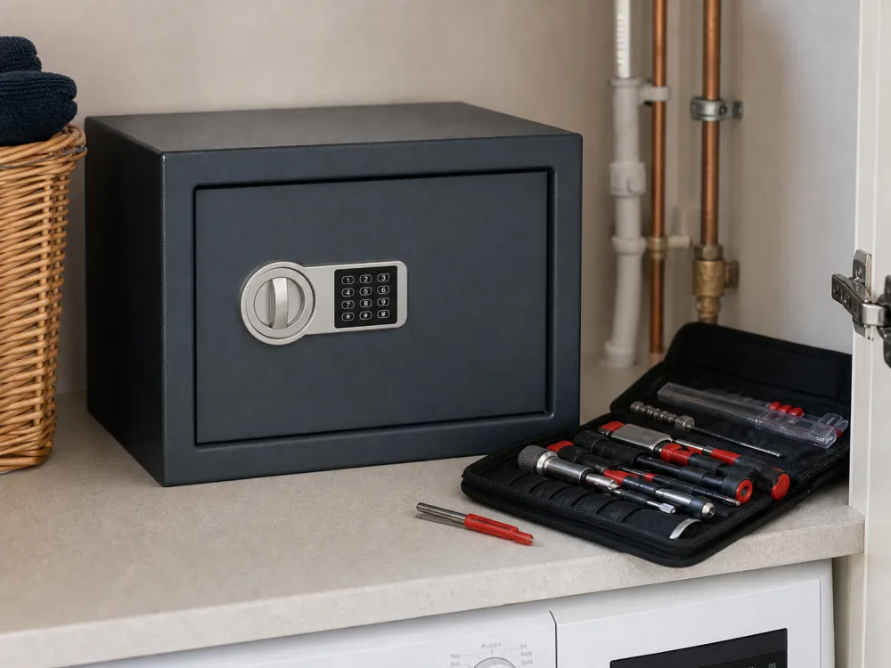 Home safe with keys and locksmith tools nearby